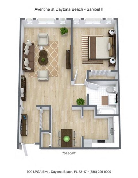 Floor plan for 1 bed, 1 bath, 760 sqft
